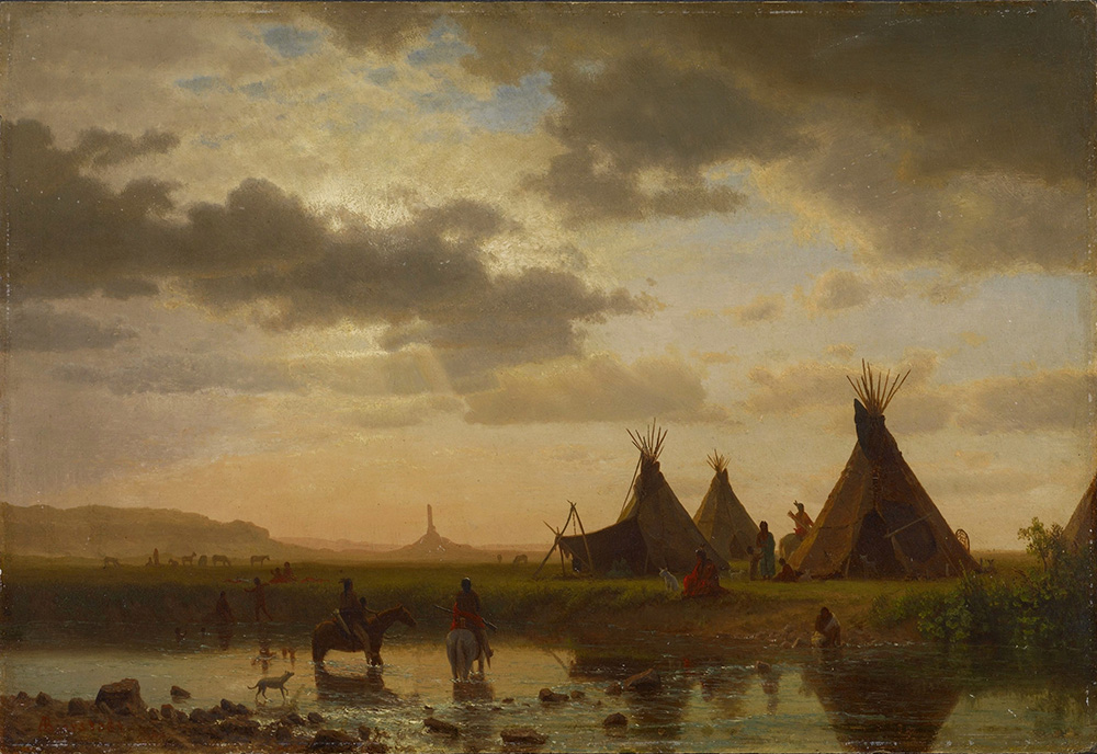 Albert Bierstadt View of Chimney Rock, Ohalilah Sioux Village in the Foreground oil painting reproduction
