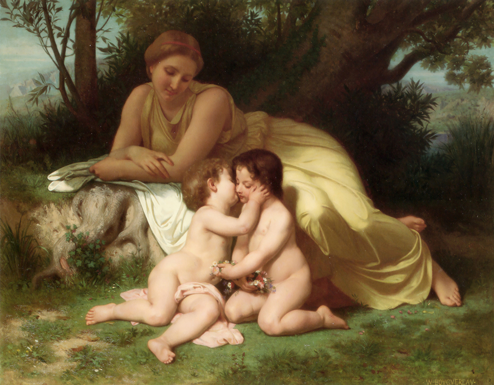 William-Adolphe Bouguereau Young Woman Contemplating Two Embracing Children (1861) oil painting reproduction