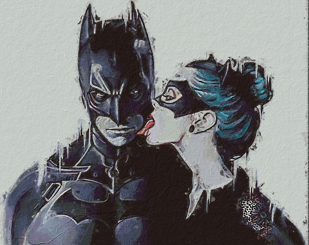 Comic Book Heroes Art - Batman - Batman and Catwoman Kiss painting for sale Bat09