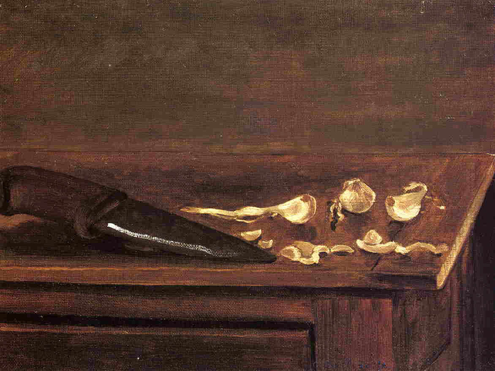 Gustave Caillebotte Garlic Cloves and Knife on the Corner of a Table - 1871 oil painting reproduction
