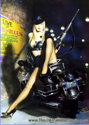 Erotic Art - Automotive Art - Biker Gun Girl painting for sale Ero14