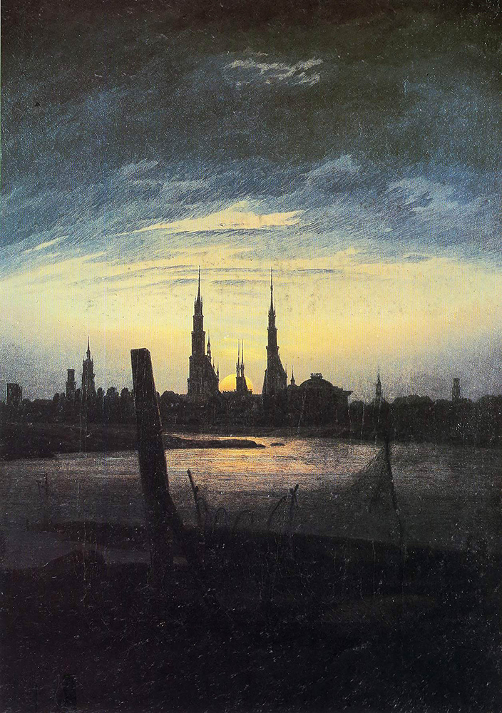 Caspar David Friedrich Stadt bei Mondaufgang (Stadt am Wasser bei untergehender Sonne) (1817) oil painting reproduction