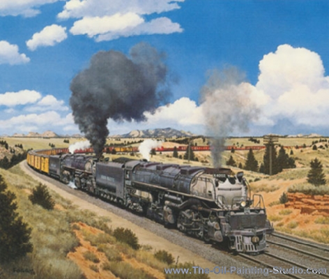 Transport Art - Railroad Art - Big Boys painting for sale Fog1