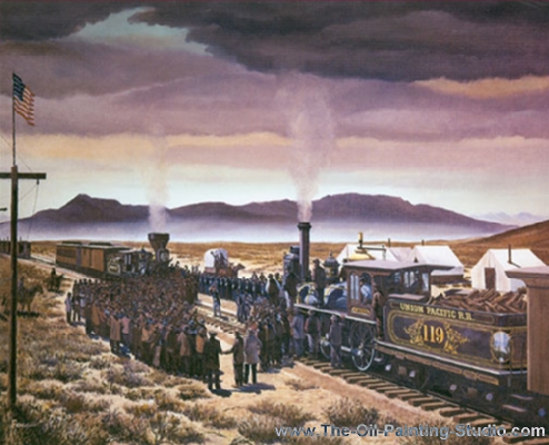 Transport Art - Railroad Art - The Golden Spike Ceremony painting for sale Fog6