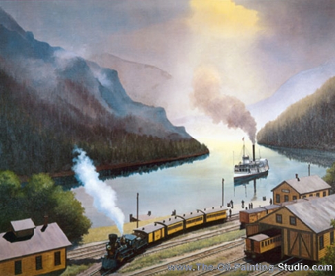 Transport Art - Railroad Art - Columbia River Portage Point painting for sale Fog7