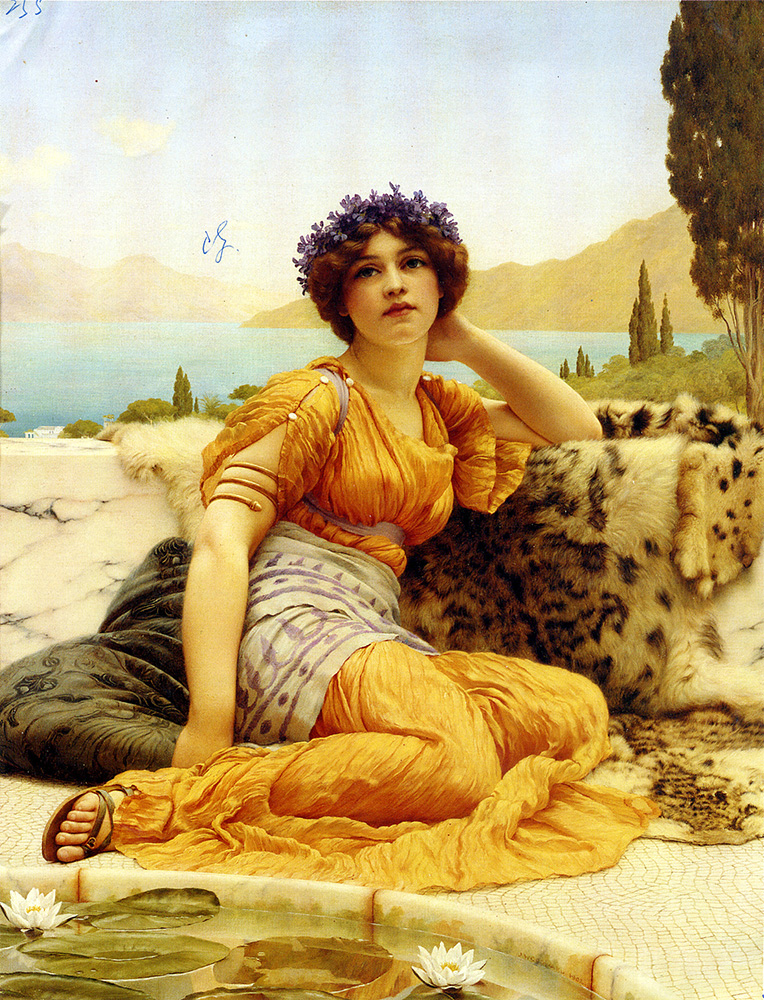 John William Godward With Violets Wreathed and Robe of Saffron Hue oil painting reproduction