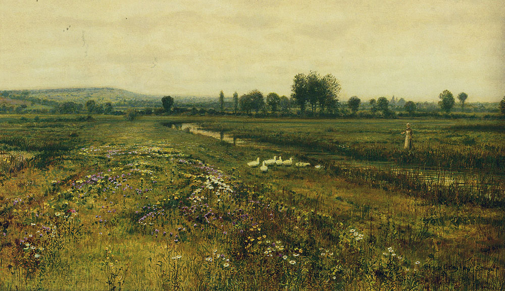 John Atkinson Grimshaw An Extensive Meadow Landscape with Geese by a Stream, 1892 oil painting reproduction