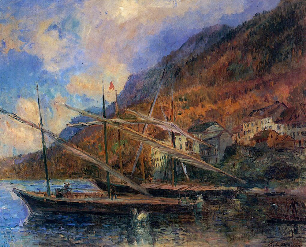 Albert Lebourg Boats by the Banks of Lake Geneva at Saint Gingolph oil painting reproduction