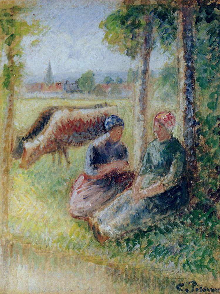 Camille Pissarro Two Cowherds by the River, 1888-95 oil painting reproduction