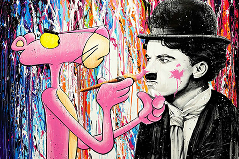 Comic Book Heroes Art - Pink Panther - Pink Panther Meets Charlie Chaplin painting for sale Pink2