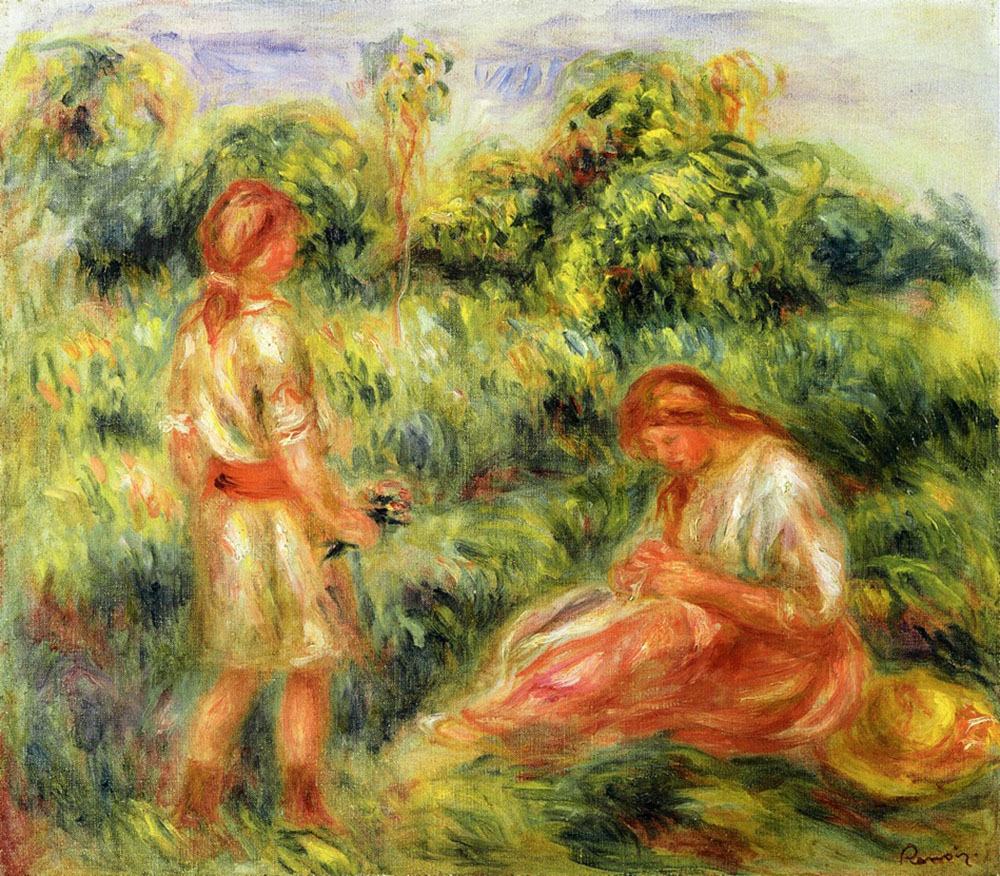 Pierre-Auguste Renoir Two Young Women in a Landscape - 1916 oil painting reproduction