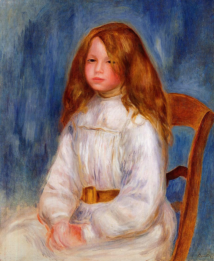 Pierre-Auguste Renoir Seated Little Girl with a Blue Background , 1890 oil painting reproduction