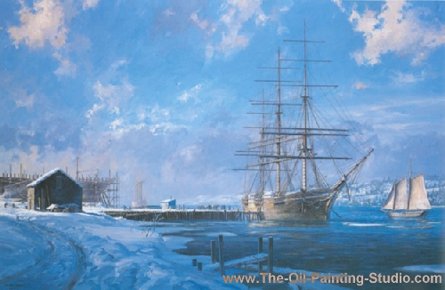 Transport Art - Marine Art - Shipbuilding along the Kennebec River Maine painting for sale TS14