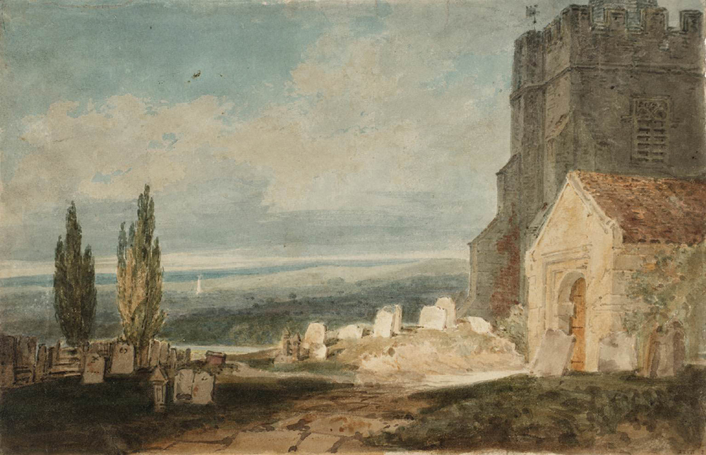 J.M.W. Turner A Church and Churchyard near a River or Lake, with an Extensive Landscape Beyond, 1796-97 oil painting reproduction