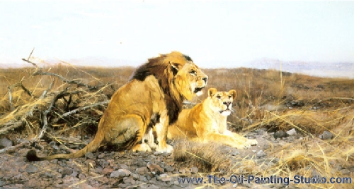 Wildlife Art - Lions - Lion and Lioness in the Bush painting for sale WL16