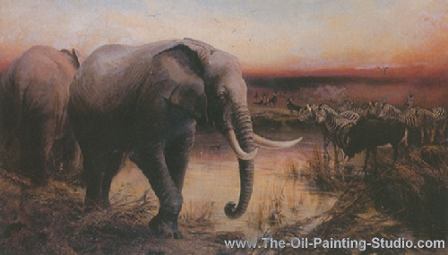 Wildlife Art - Elepahants - Elephants at a Waterhole painting for sale WL3