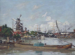Eugene Boudin Rotterdam, Port and Windmills, 1876 oil painting reproduction