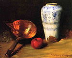 William Merritt Chase Still Liife With China Vase Copper Pot An Apple And A Bunch Of Grapes oil painting reproduction